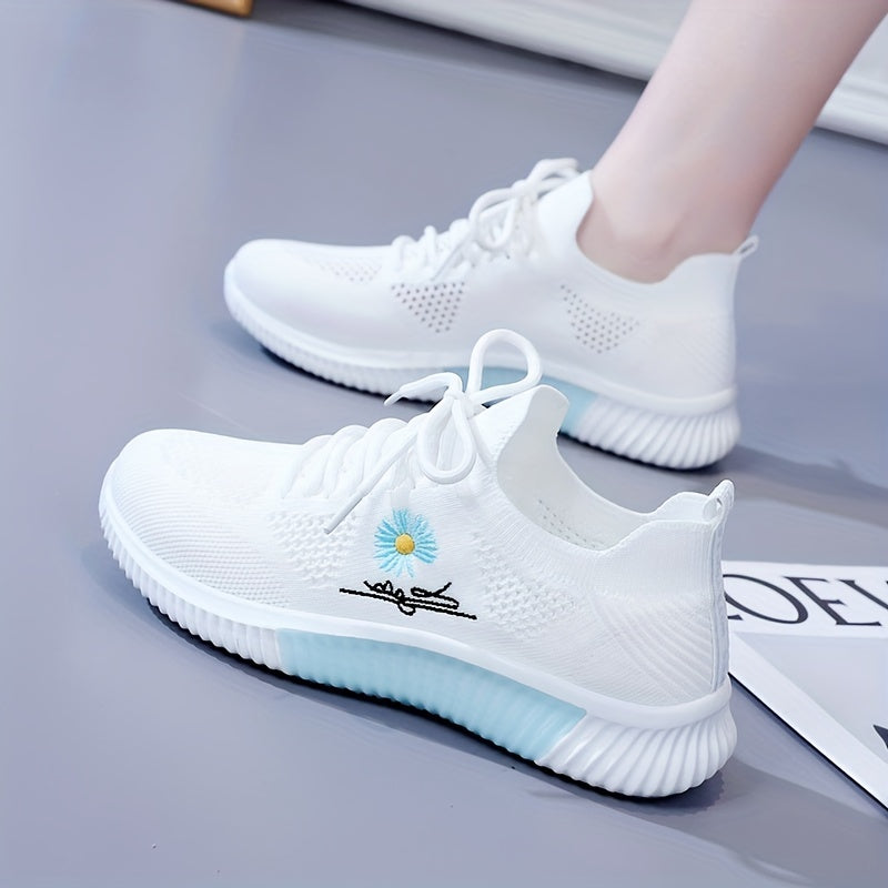 Women's Daisy Pattern Lace up Mesh Sneakers Soft Sole Athletic Shoes