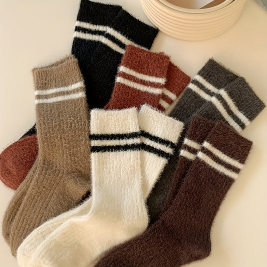 6 Pairs Striped Fuzzy Socks Warm Mid Tube Stockings