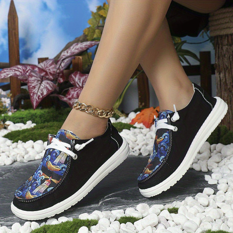 Women's Printed Canvas Lace Up Sneakers Outdoor Flats