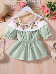 Girls Off Shoulder Flower Embroidery Tunic Shirt