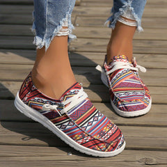 Women's Geometric Pattern Canvas Shoes Round Toe Slip On Comfy Flat Sneakers