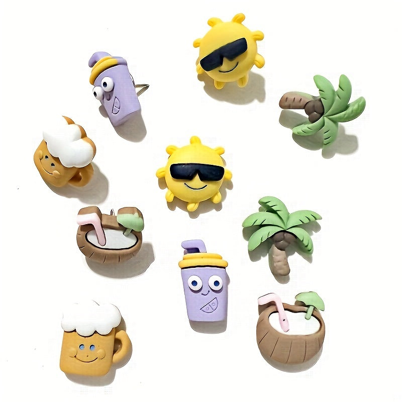10pcs Beach Series Push Pins - Coconut Tree & Sun Office Decor