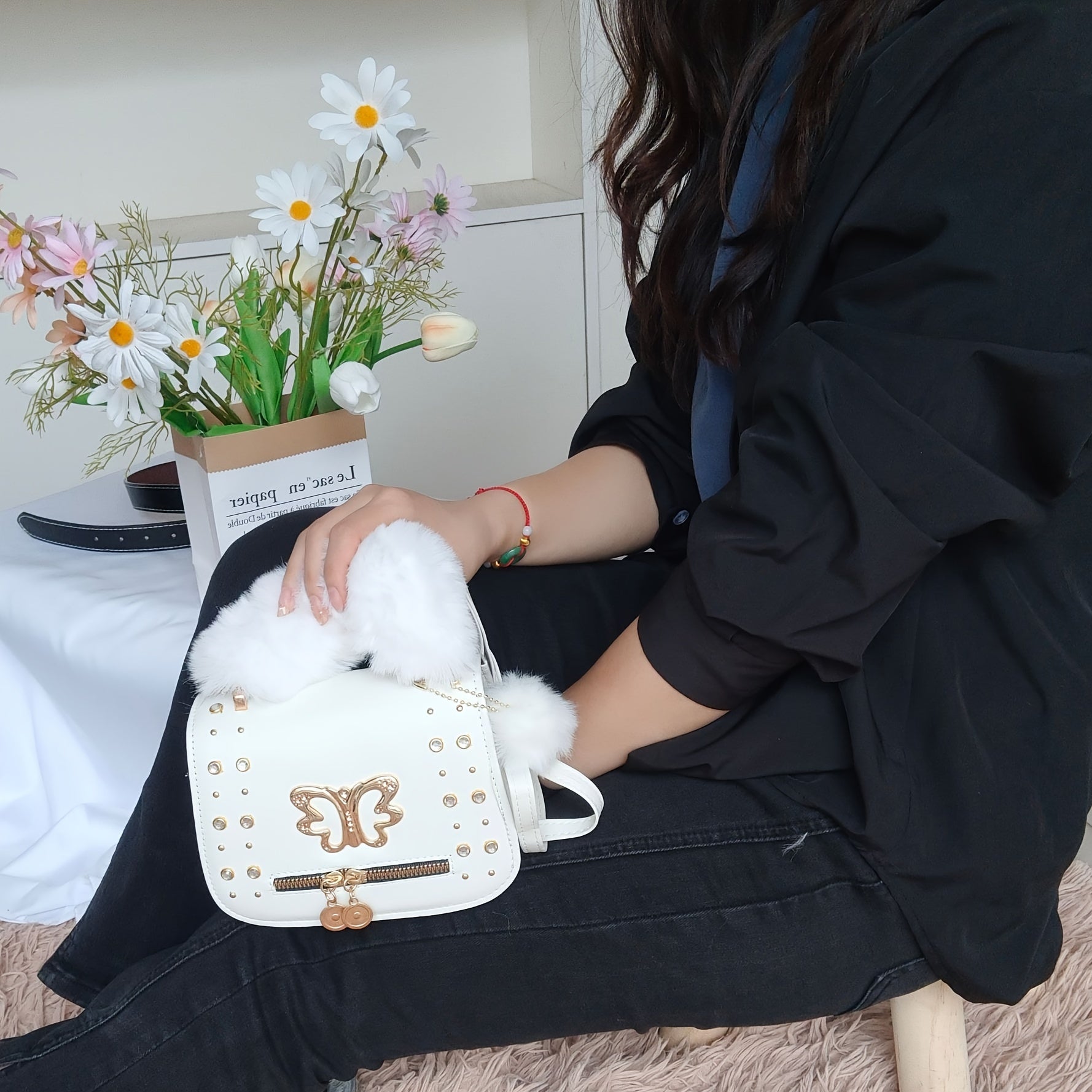 Rhinestone Butterfly Crossbody Bag Square Purse Plush Handle