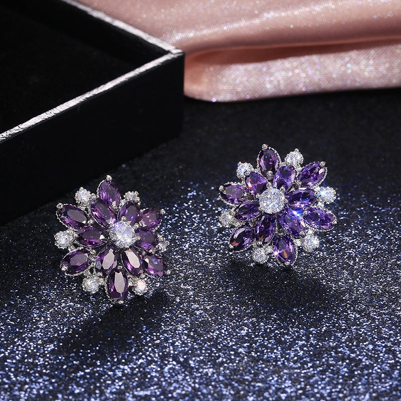 Sunflower Zircon Stud Earrings Silver Plated Jewelry Gift