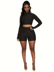  Sports Outfits Set Women's Plus Textured Crop Top & Biker Shorts Set