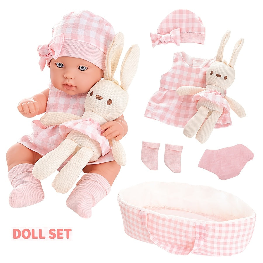 Plaid Sleeping Basket & Doll Set with Carry Crib