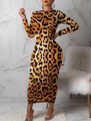 Leopard Print Long Sleeve Maxi Dress