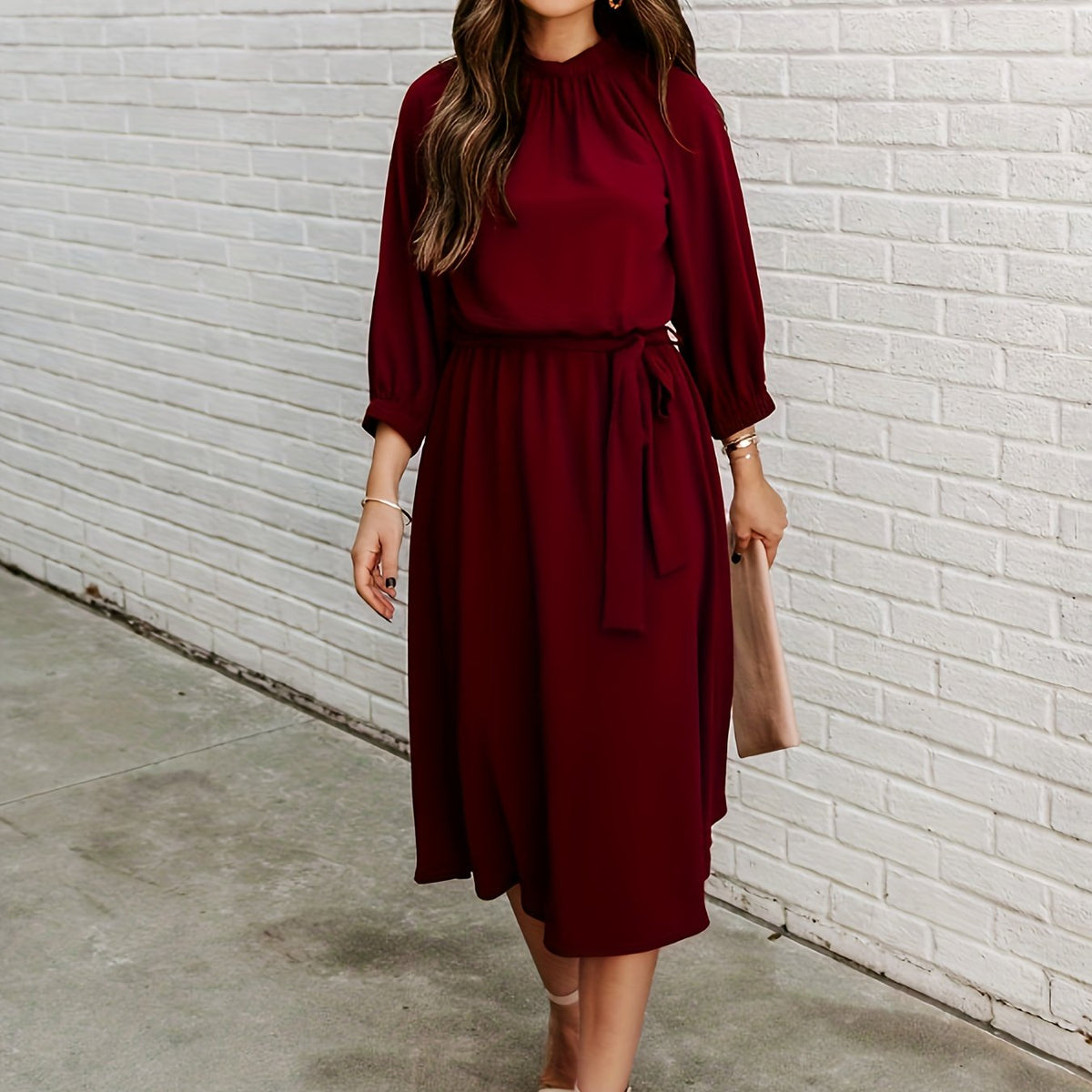  Lantern Sleeve Round Neck Belted Dress