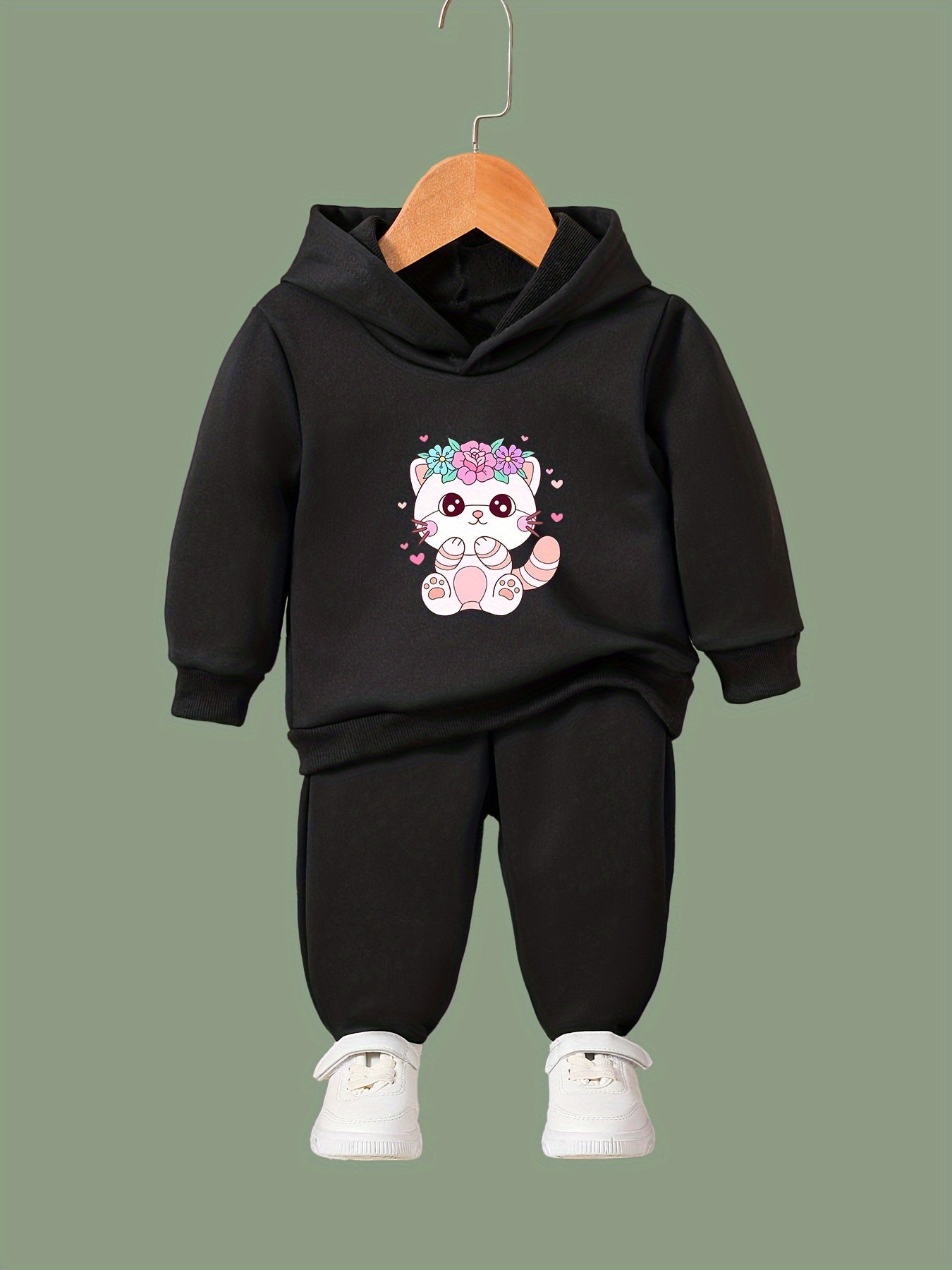 Sweet Flower Cat Print 2pcs Girls Outfits For Sports Spring Fall Outdoor Gift