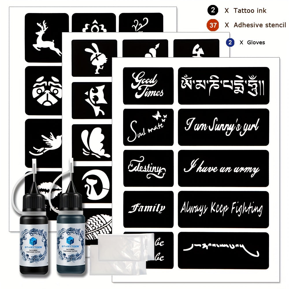 3 A4 Tattoo Stencils + Dye Paste - Animal Word Butterfly Pattern Semi-permanent