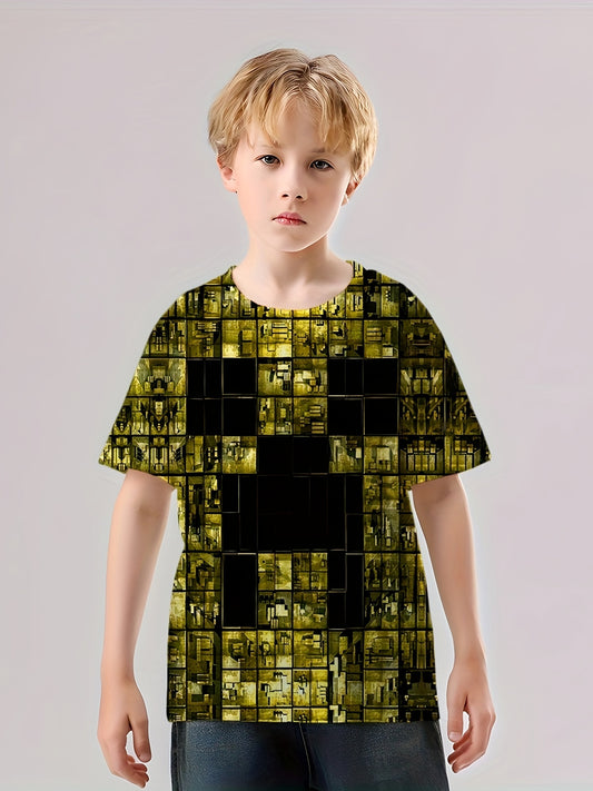 Purple Cubes Print Kid's T shirt Casual Short Sleeve Top Unisex Tee