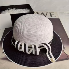 Pearl Buckle Straw Bucket Hat for Women