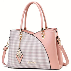 Colorblock Plaid Satchel Bag w/ Top Handle & PU Leather Pendant Decor