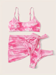 Pink Tie Dye Swimsuits Set Round Neck Tie Side Wrap Beachwear