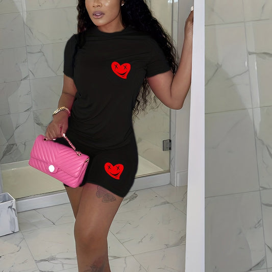 Heart Print Two piece Set Casual T shirt & Sporty Short