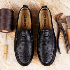 CLOHOO Two layer Cowhide Rubber Sole Hollow Loafers Shoes