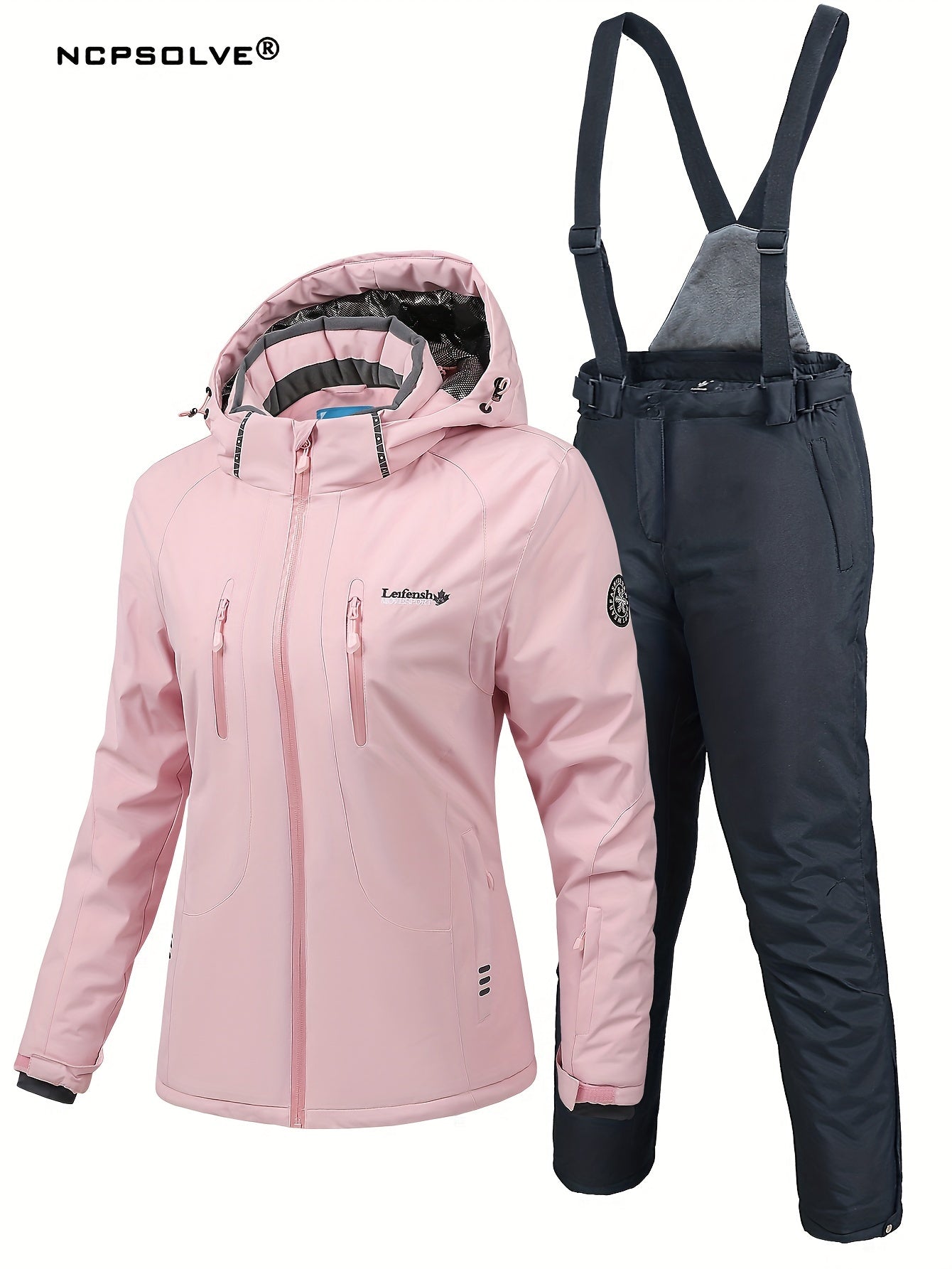 2Pcs Women's Ski Set Hooded Jacket & Suspender Trouser