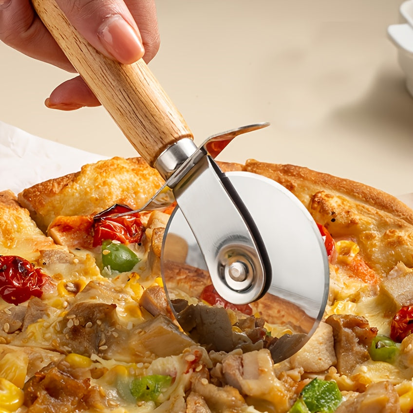 Stainless Steel Pizza Wheel Wooden Handle Single Roller Pizza Cutter