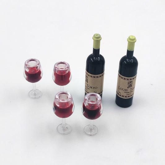 6pcs Wine Glasses Set for Dollhouse Realistic Red Wine Bottle Models Accessories