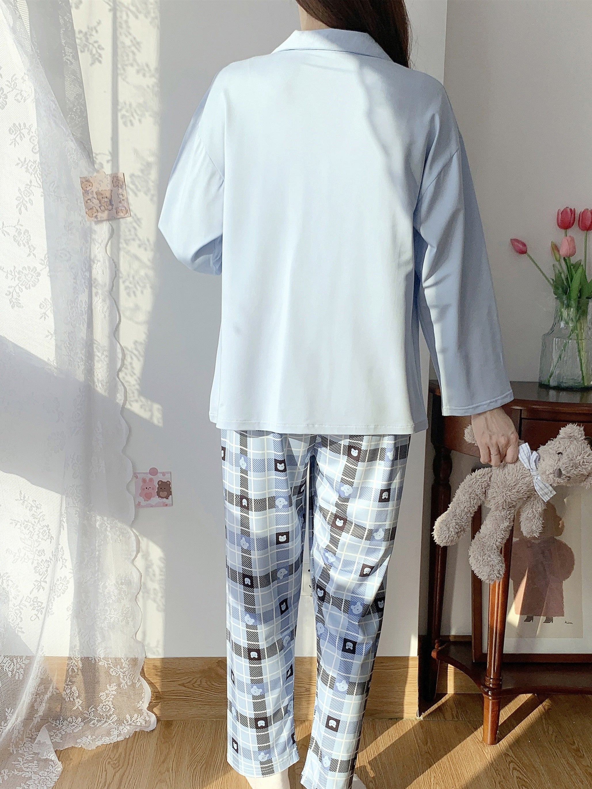 Women's Plaid Loungewear Set Long Sleeve Top & Pants