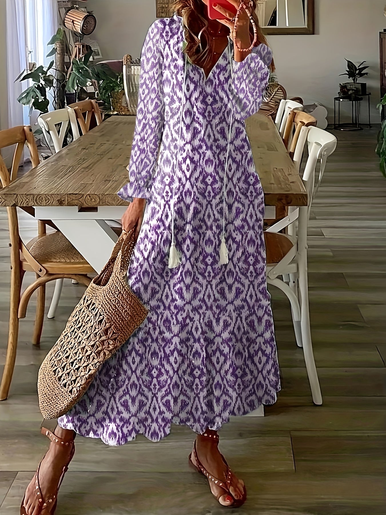  Boho Maxi Dress Allover Print Flounce Sleeve V Neck Smock