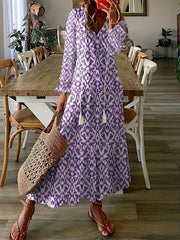  Boho Maxi Dress Allover Print Flounce Sleeve V Neck Smock