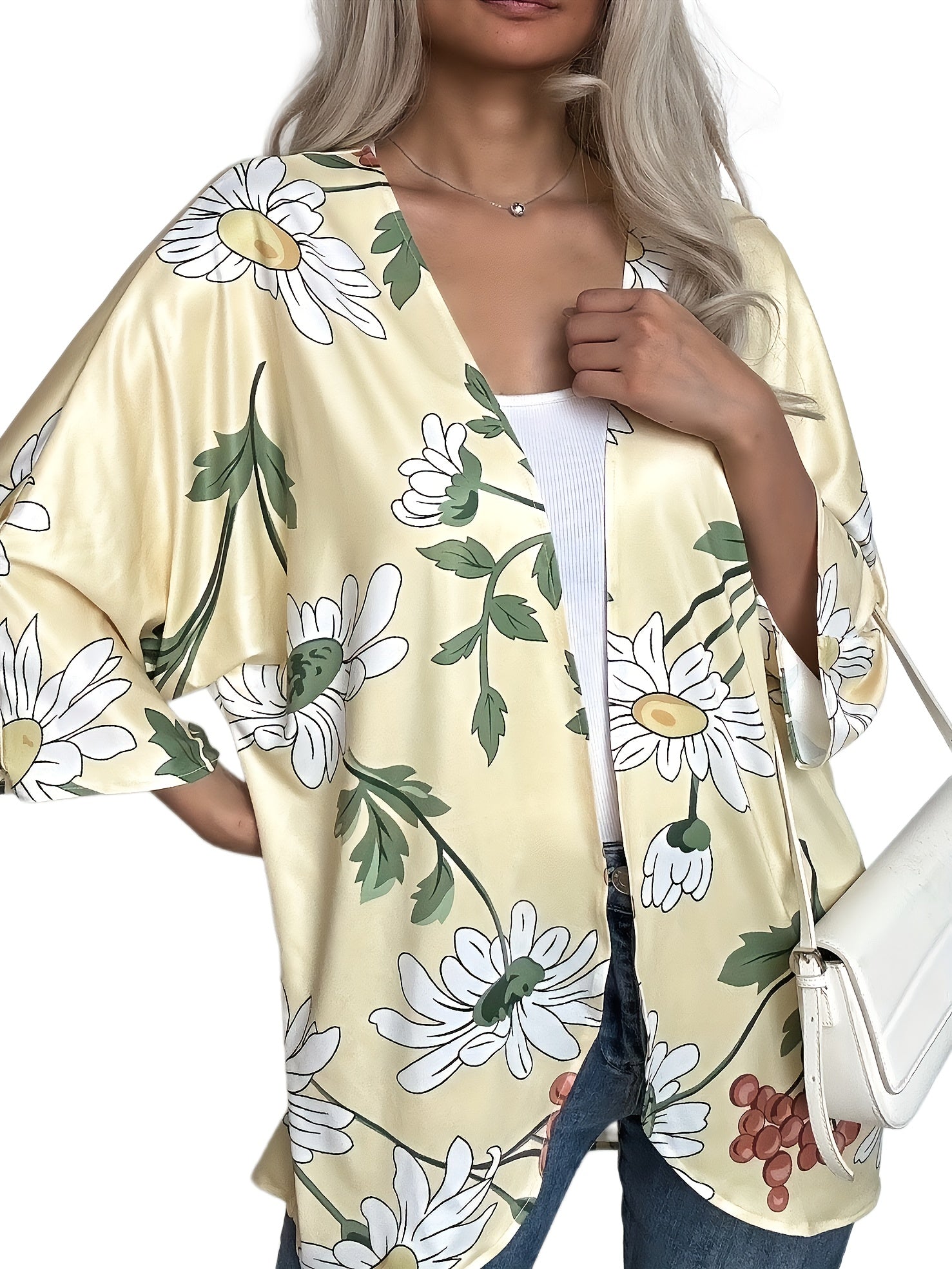  Floral Print Half Sleeve Open Front Cardigan