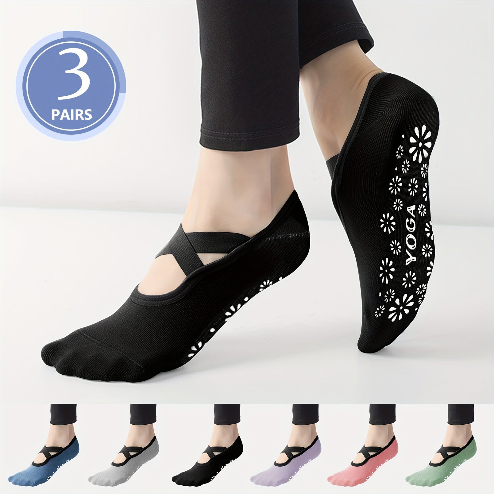 3 Pairs Criss Cross Yoga Socks w/ Flower Pattern Bottom Non Slip Pilates Dance
