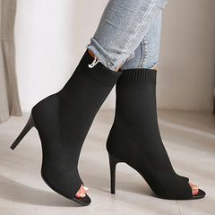 Women's Peep Toe Stretch Ankle Boots Slip On Stiletto Heels