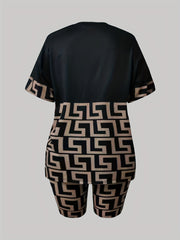 Greek Print Casual Two piece Set Crew Neck Short Sleeve T shirt & Slim Shorts