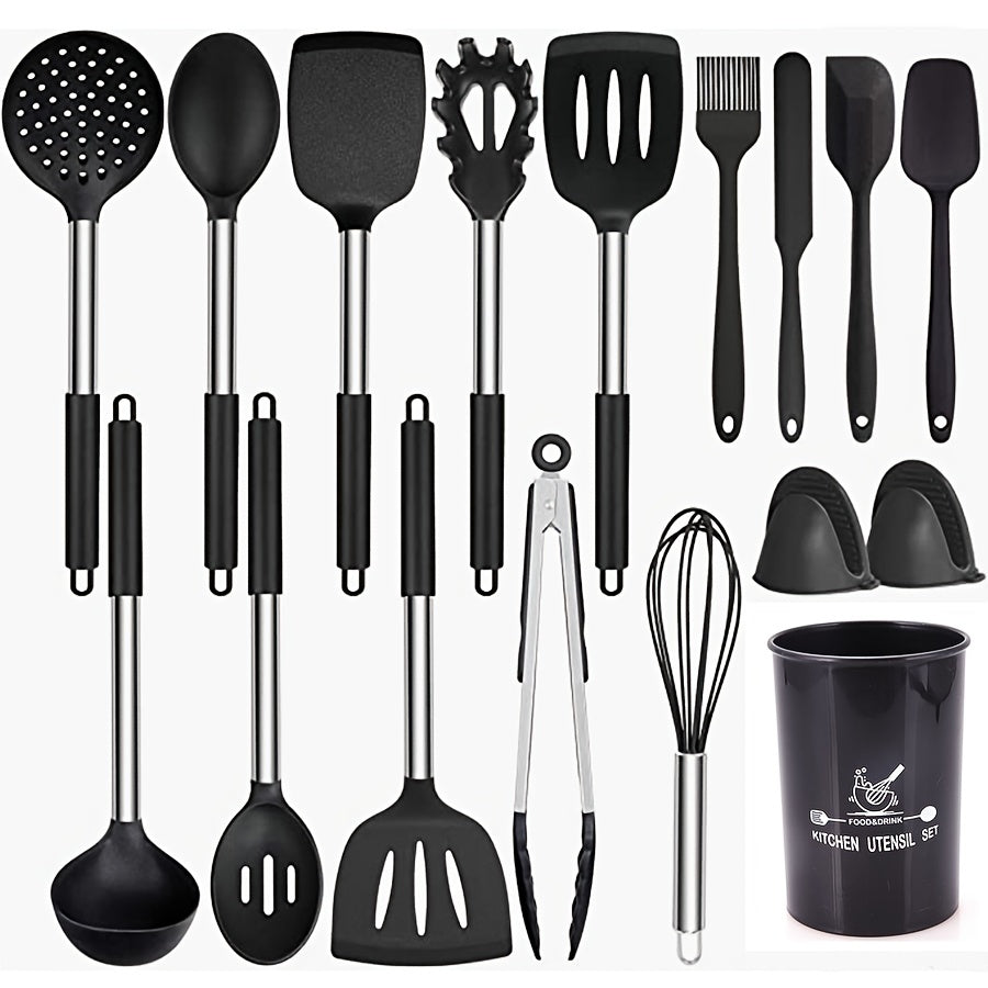 17pc Non Stick Silicone Cooking Utensil Set with Stainless Steel Handles