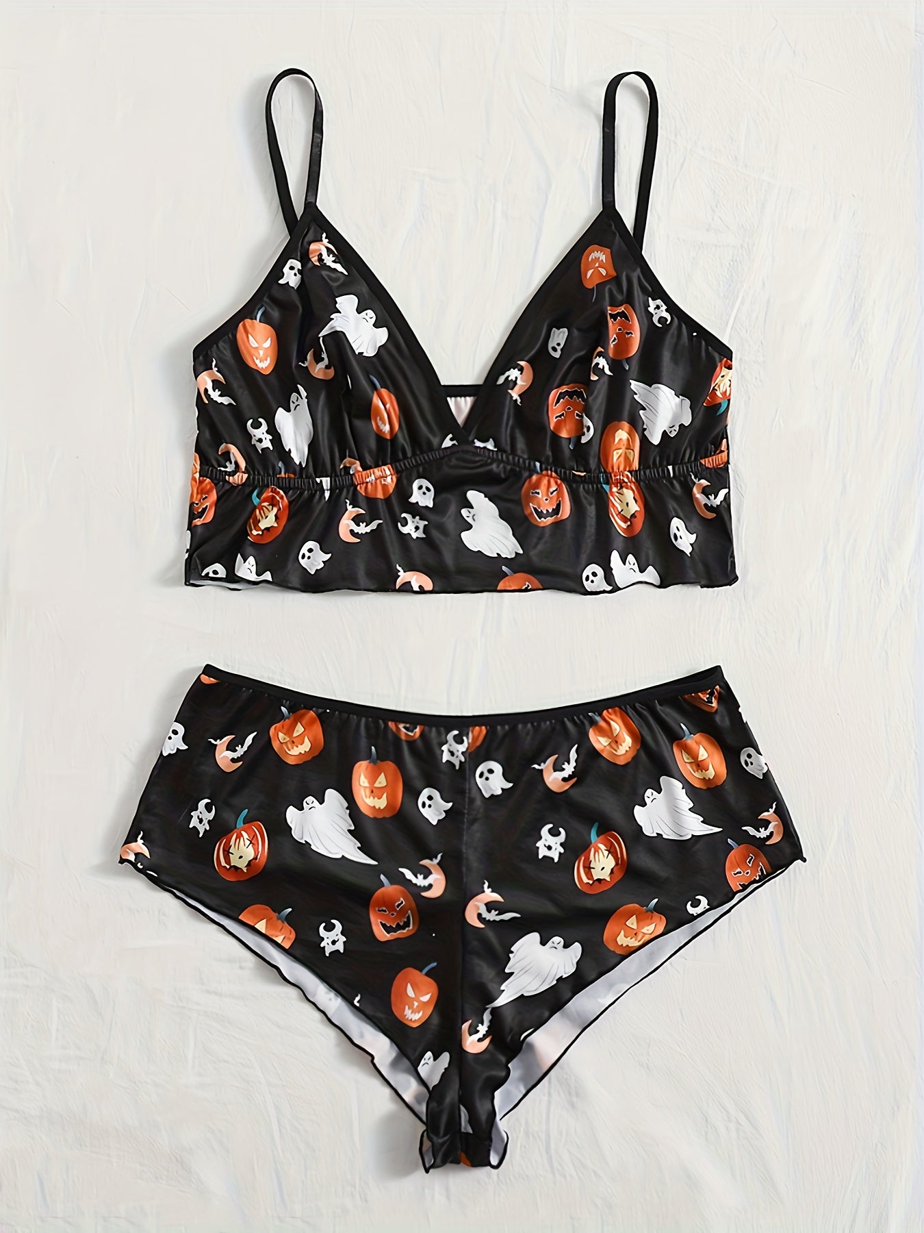  Ghost & Pumpkin Print Ruffle Trim Bra & Panty Set