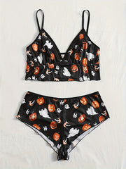  Ghost & Pumpkin Print Ruffle Trim Bra & Panty Set
