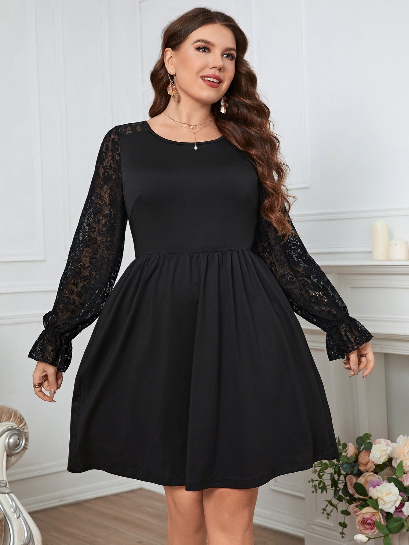  Long Sleeve Lace Crew Neck Ball Gown