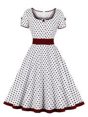 Retro Polka Dot Swing Dress Vintage Crew Neck Puff Sleeve Waist Summer Dresses