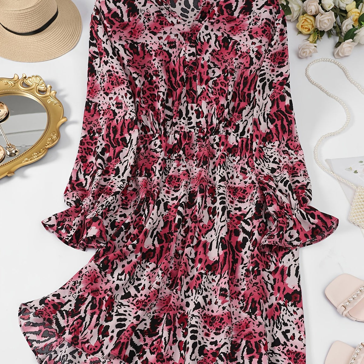  Graphic Print Ruffle Trim Button Up Dress