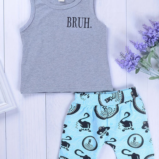 2pcs Baby Boys Casual Tank Top & Cartoon Shorts Set
