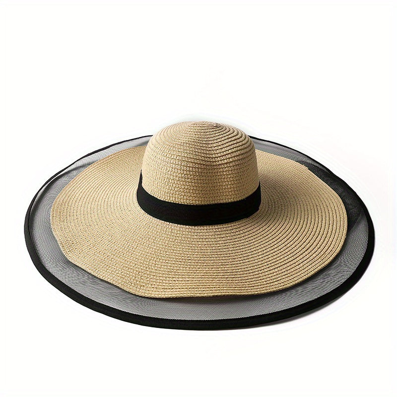 Oversized Mesh Brim Sun Hat Solid Vintage Straw Floppy Summer Travel