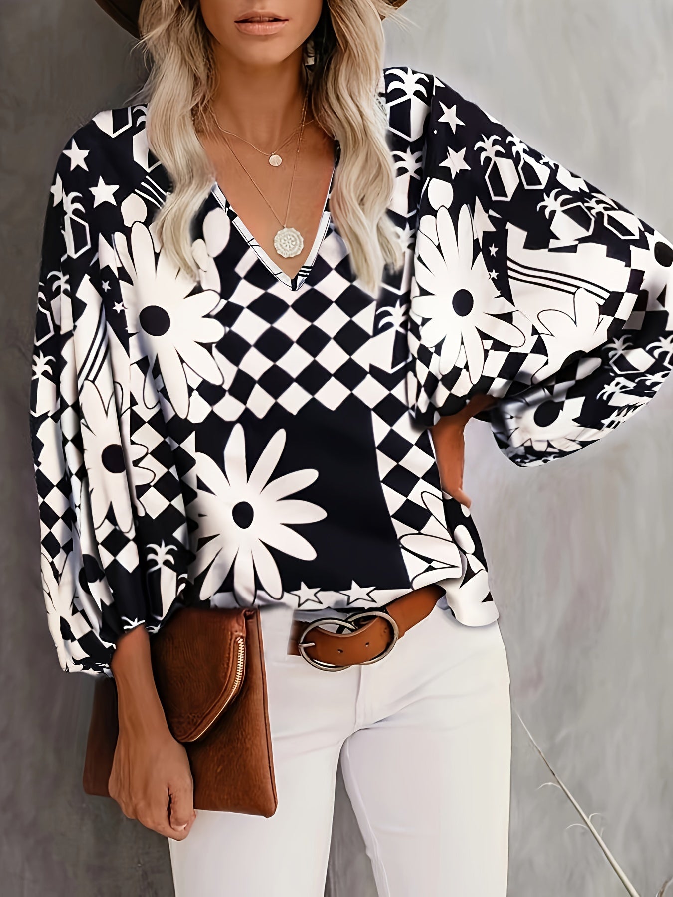  Casual Blouse Women's Plus Random Print Lantern Sleeve