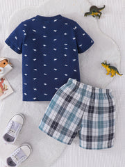 Boys Dino Print T Shirt & Plaid Shorts Set for Summer