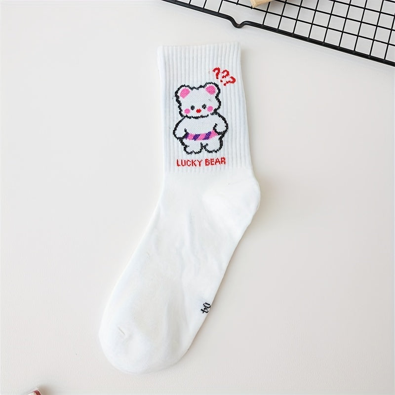 4 Pairs Cartoon Bear Print Socks Women's Mid Tube Stockings