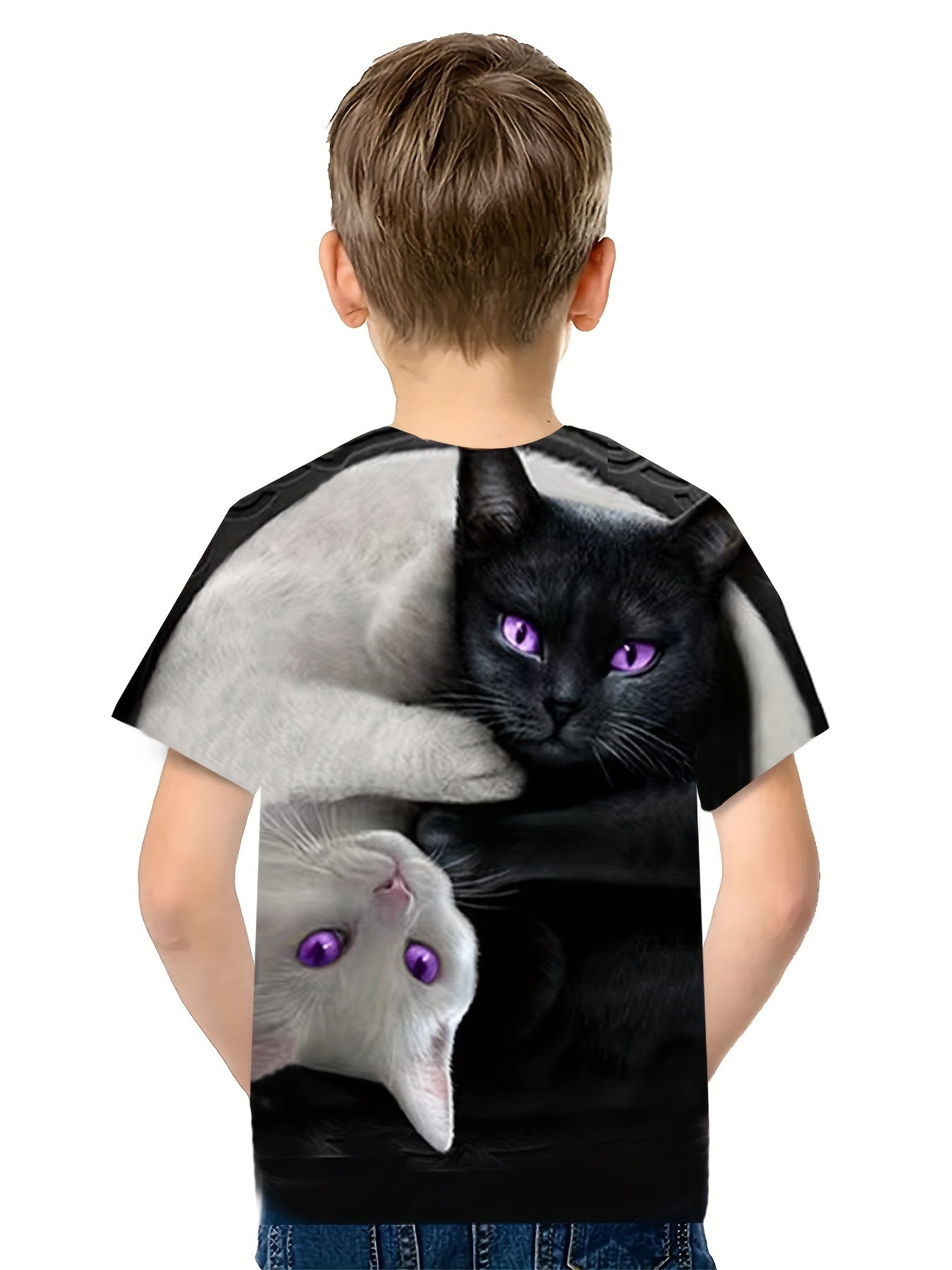 Kids & Cat Pattern T-Shirt Round Neck Short Sleeve Tee