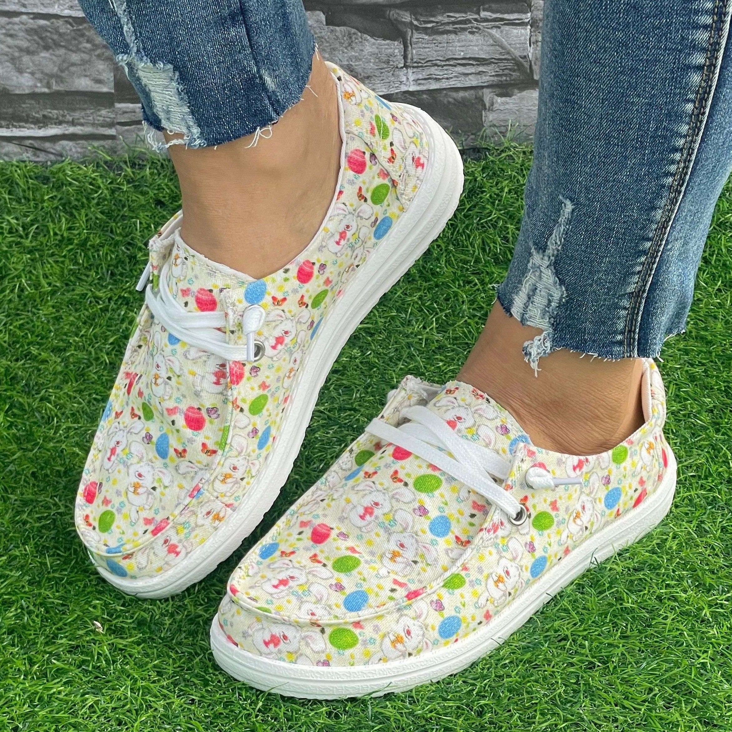 Colorful Rabbit Pattern Flat Shoes Women's Casual Lightweight Shoes