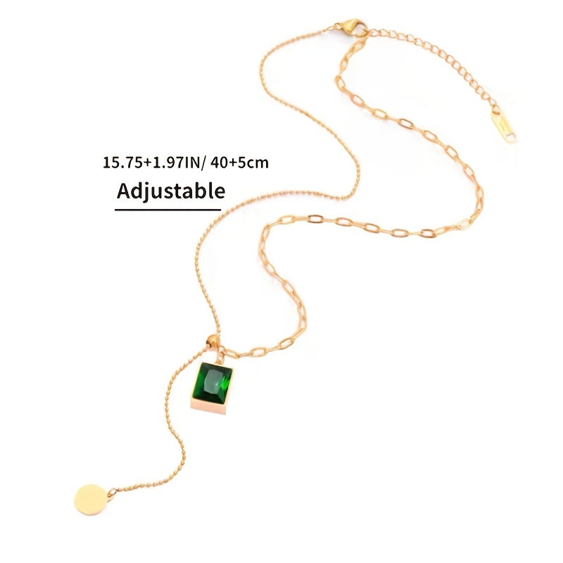 Green Emerald Pendant Necklace Stainless Steel Adjustable Necklace