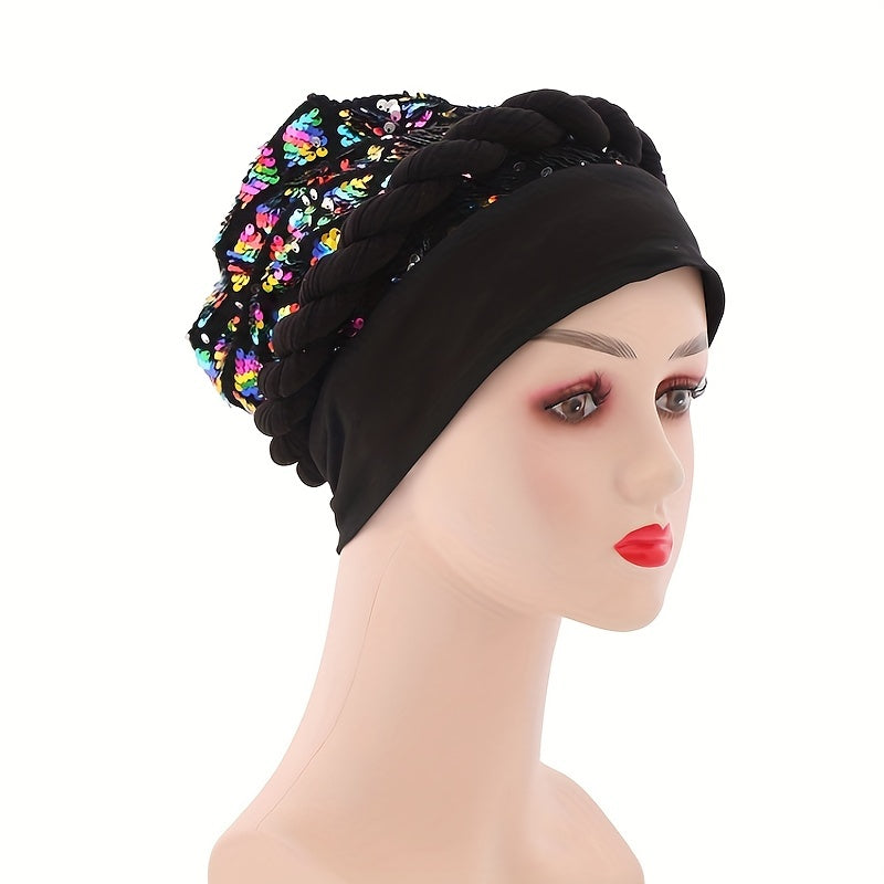 Sequin Braided Beanies Head Wrap Turban Chemo Hat Soft Headscarf