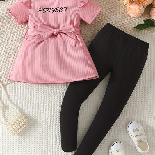 2pcs Girls Letter Embroidery Ruffle Trim Peplum Set Summer Clothes