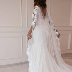 Glamorous Bridal Cape Veil with Pearl Beading and Floral Lace 2m Long Train
