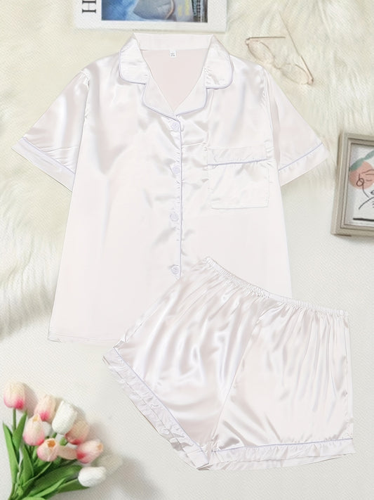  Pajama Set Satin Short Sleeve Shirt & Shorts Home Wear Two Piece
