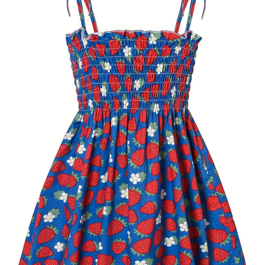 Toddler Girls Strawberry Fruit Graphic Frill Trim Shirred Bow Shoulder Princess