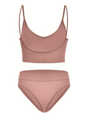 Solid Ribbed Bra & Panties Set Women's Underwear